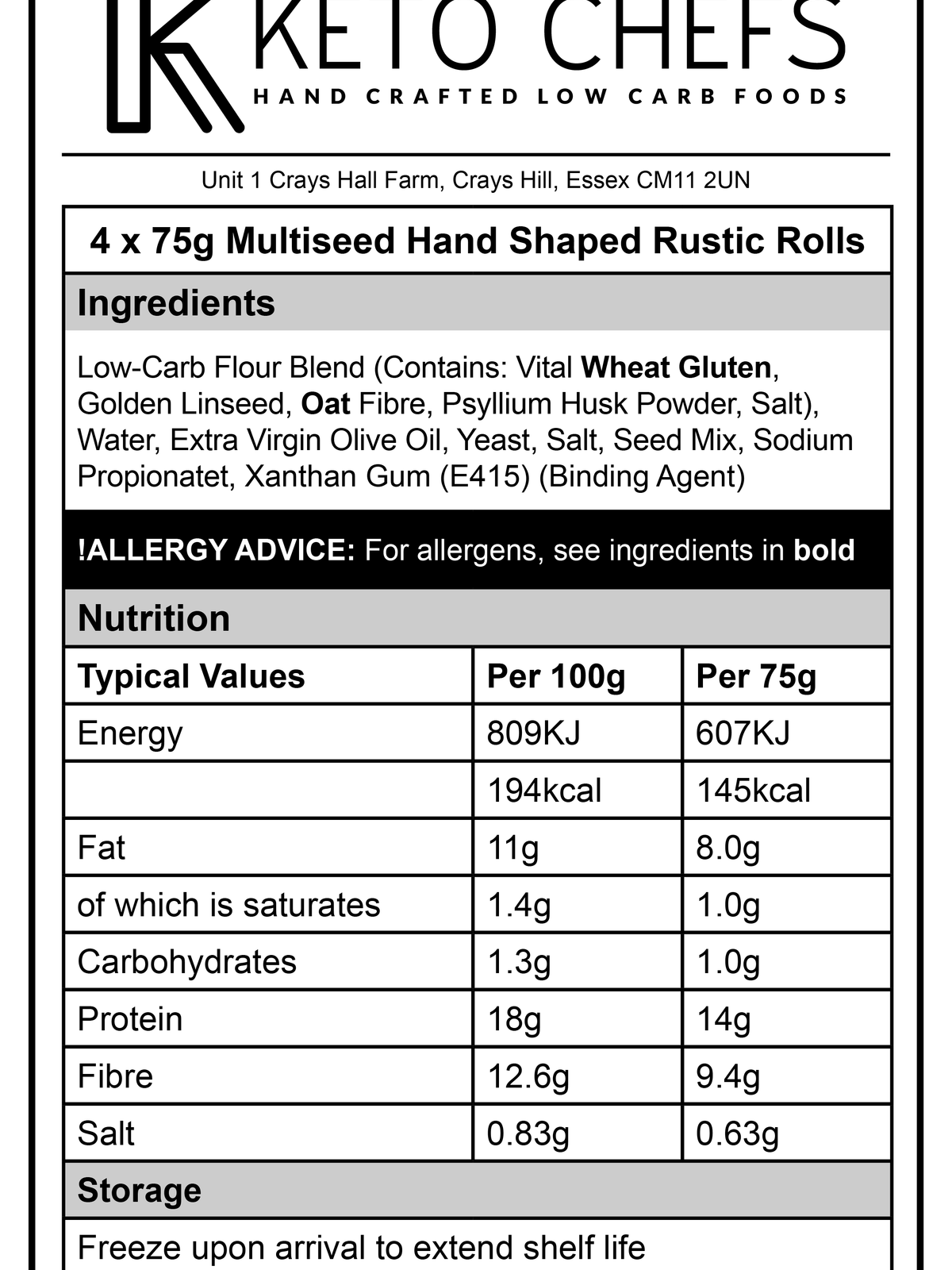 4 x 75g Ultra Low Carb Multiseed Hand Shaped Rustic Farmhouse Rolls (FREEZER FRIENDLY)