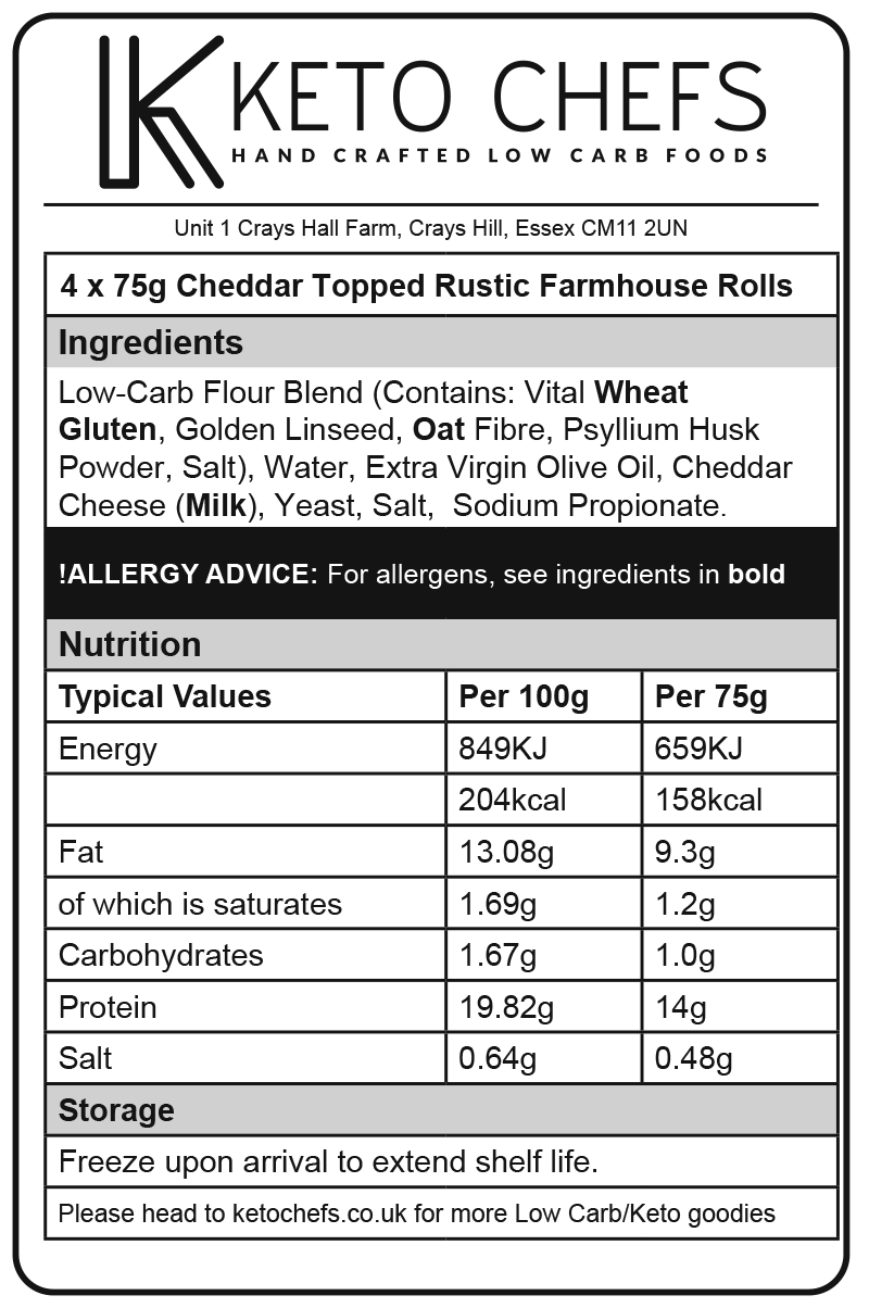 4 x 75g Ultra Low Carb Hand Shaped Cheddar Topped Rustic Farmhouse Rolls (FREEZER FRIENDLY)