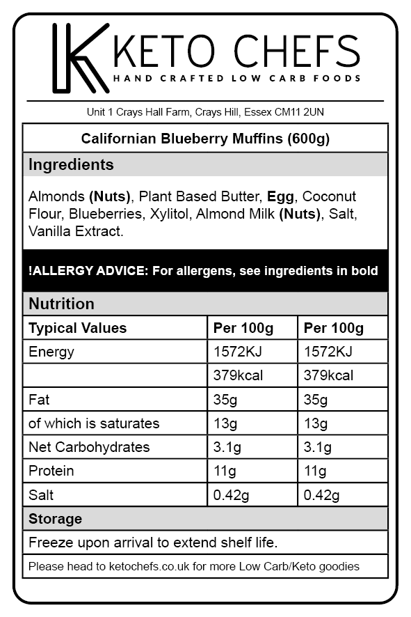 6 x  Fully Keto Californian Blueberry Muffins (FREEZER FRIENDLY) 600g