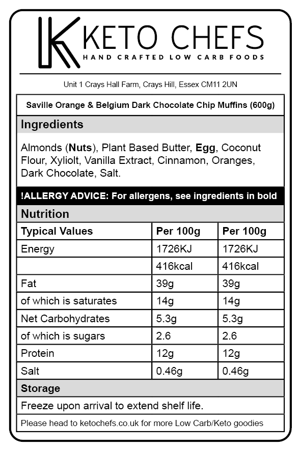 6 x Fully Keto Savile Orange & 90% Belgian Dark Chocolate Chip Muffins (FREEZER FRIENDLY) 600g