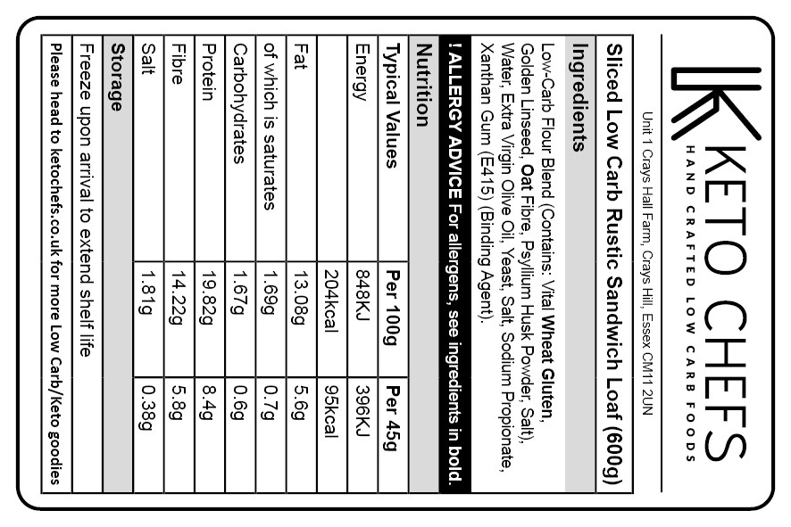 Sliced Low Carb Rustic Sandwich Loaf 600g  (FREEZER FRIENDLY)