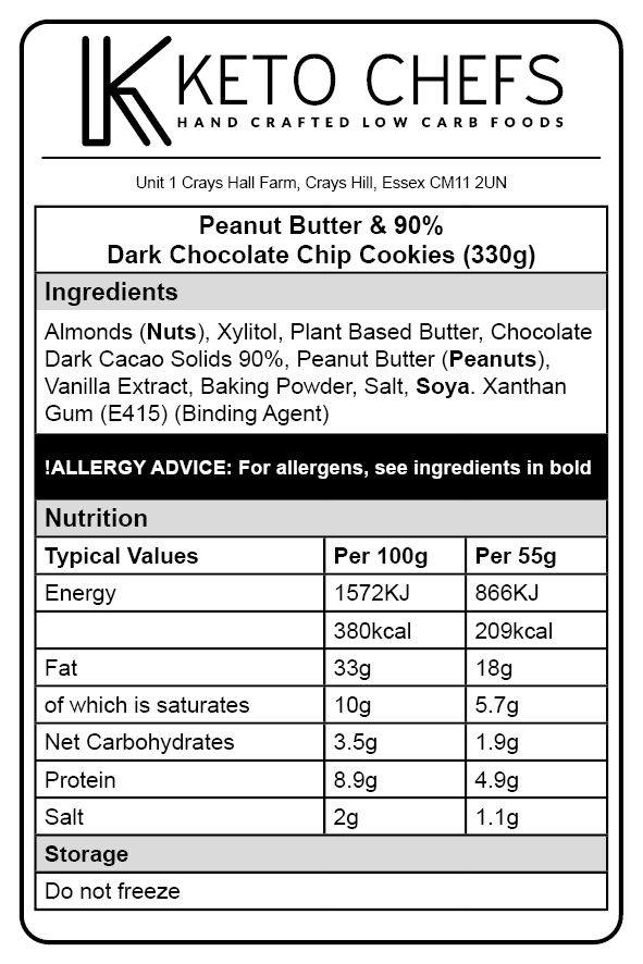 Peanut Butter & 90% Dark Chocolate Chip Cookie x 6 (do not freeze me) 300g