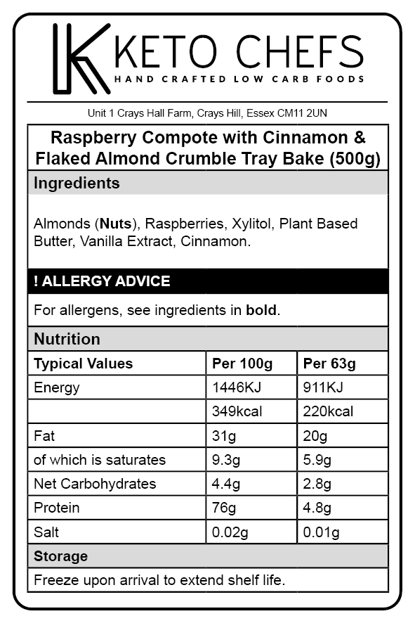 Raspberry Compote with Cinnamon & flaked Almond Crumble Tray Bake 6 /8 PORTIONS (FREEZER FRIENDLY) 500g