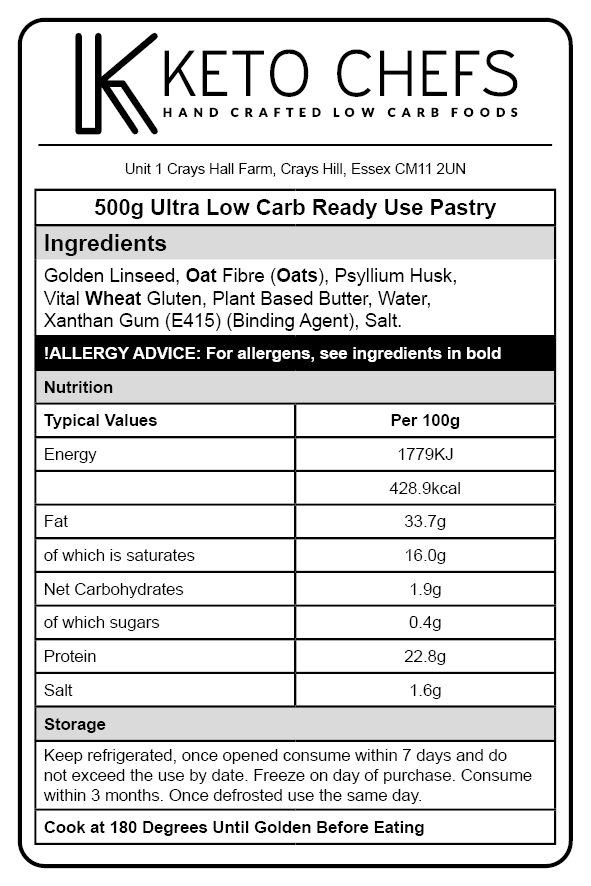 Ultra Low Carb Ready to Use Pastry 500g (FREEZER FRIENDLY)